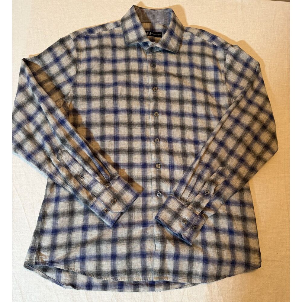 Neiman Marcus Mens Large Shirt Plaid Long Sleeve Button 100% Cotton